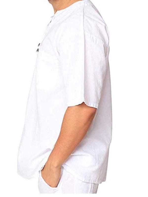 Stylish Men's Casual Tie Collar Short Sleeve T-Shirt - Comfortable Cotton-Linen Blend for Effortless Spring-Summer Fashion