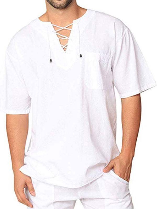 Stylish Men's Casual Tie Collar Short Sleeve T-Shirt - Comfortable Cotton-Linen Blend for Effortless Spring-Summer Fashion