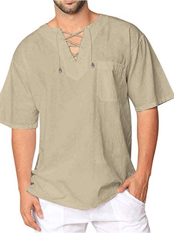 Stylish Men's Casual Tie Collar Short Sleeve T-Shirt - Comfortable Cotton-Linen Blend for Effortless Spring-Summer Fashion