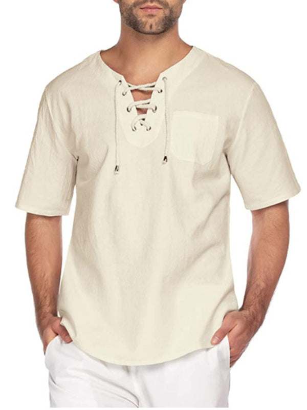 Stylish Men's Casual Tie Collar Short Sleeve T-Shirt - Comfortable Cotton-Linen Blend for Effortless Spring-Summer Fashion