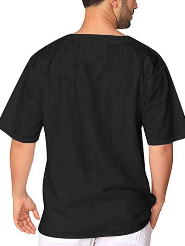 Stylish Men's Casual Tie Collar Short Sleeve T-Shirt - Comfortable Cotton-Linen Blend for Effortless Spring-Summer Fashion