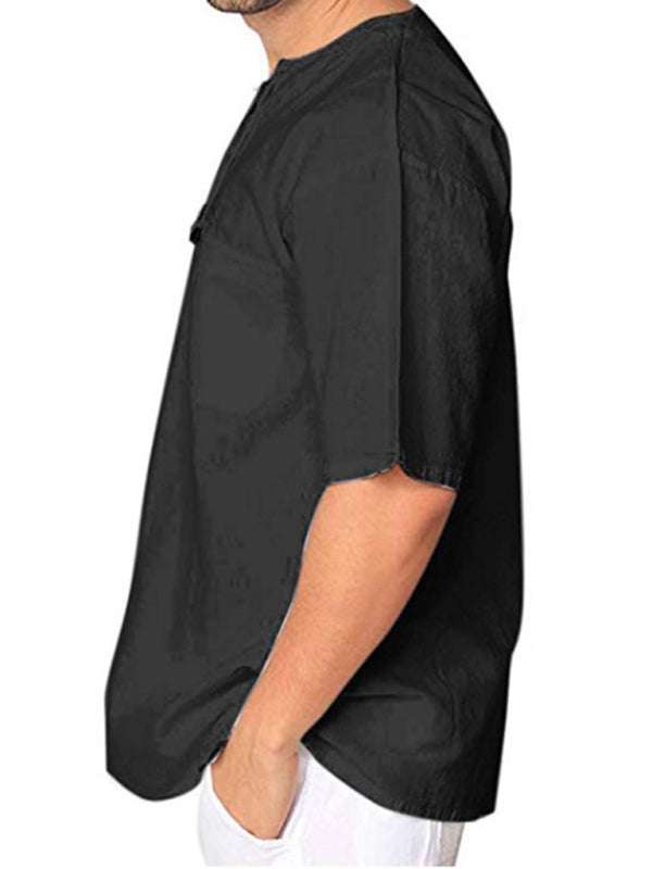 Stylish Men's Casual Tie Collar Short Sleeve T-Shirt - Comfortable Cotton-Linen Blend for Effortless Spring-Summer Fashion
