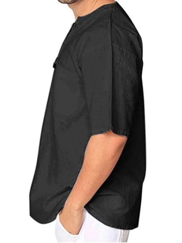 Stylish Men's Casual Tie Collar Short Sleeve T-Shirt - Comfortable Cotton-Linen Blend for Effortless Spring-Summer Fashion - MENLL