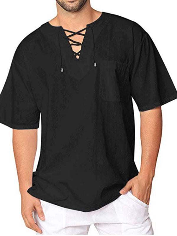 Stylish Men's Casual Tie Collar Short Sleeve T-Shirt - Comfortable Cotton-Linen Blend for Effortless Spring-Summer Fashion