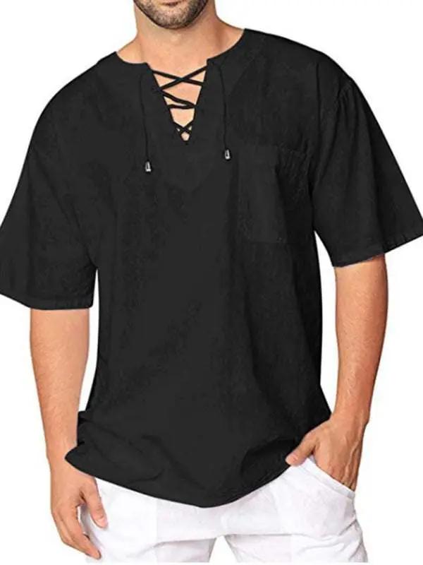 Stylish Men's Casual Tie Collar Short Sleeve T-Shirt - Comfortable Cotton-Linen Blend for Effortless Spring-Summer Fashion - MENLL