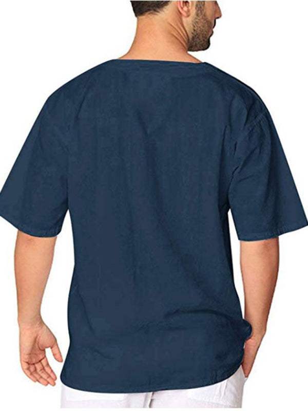 Stylish Men's Casual Tie Collar Short Sleeve T-Shirt - Comfortable Cotton-Linen Blend for Effortless Spring-Summer Fashion