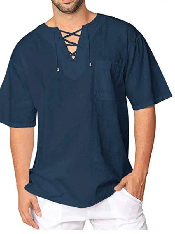 Stylish Men's Casual Tie Collar Short Sleeve T-Shirt - Comfortable Cotton-Linen Blend for Effortless Spring-Summer Fashion - MENLL
