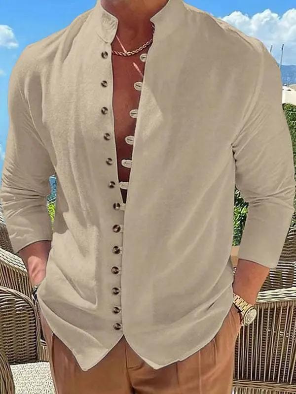 Vintage Charm Men's Casual Long Sleeve Button-Up Shirt for Effortless Style - MENLL