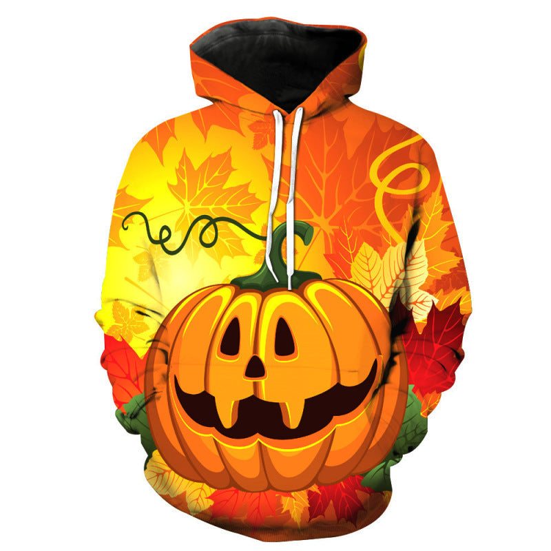 Halloween 3D digital print long sleeve pullover hooded sweatshirt with vibrant pumpkin design.