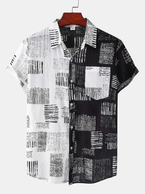 Hawaiian style digital printing short sleeve shirt for men, black and white graphic design, casual wear.