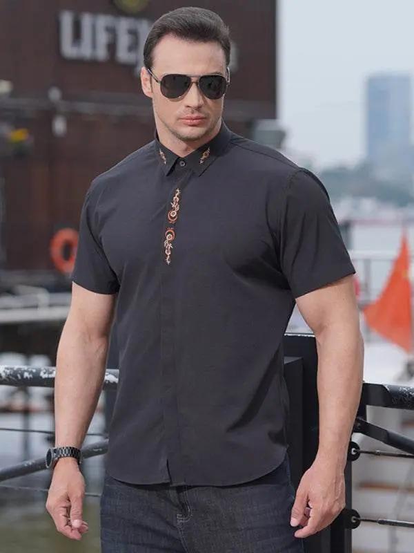 Stylish Plus Size Men's Embroidered Elastic Casual Shirt - Perfect for Spring-Summer Adventures - MENLL