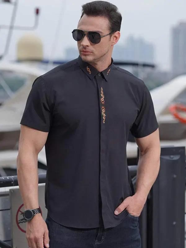 Stylish Plus Size Men's Embroidered Elastic Casual Shirt - Perfect for Spring-Summer Adventures - MENLL