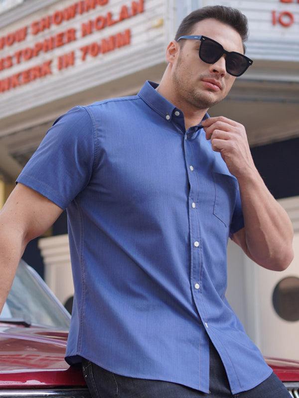 Plus size men's casual denim short sleeve shirt for summer.