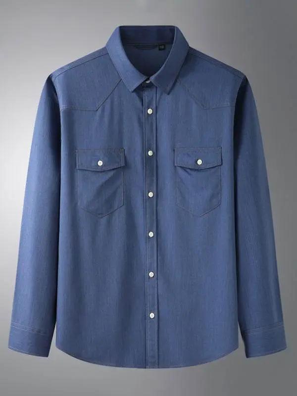 Stylish Plus Size Men's Stretch Denim Long Sleeve Utility Shirt with Versatile Pockets - MENLL