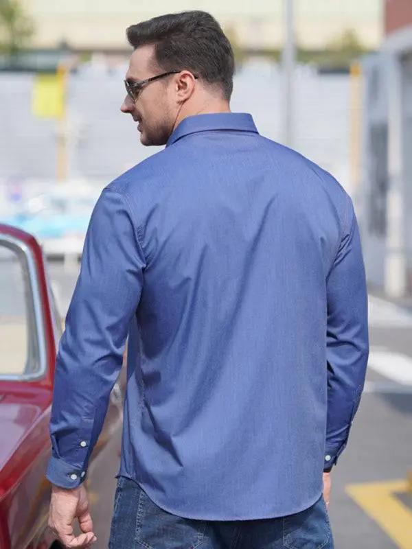 Stylish Plus Size Men's Stretch Denim Long Sleeve Utility Shirt with Versatile Pockets - MENLL