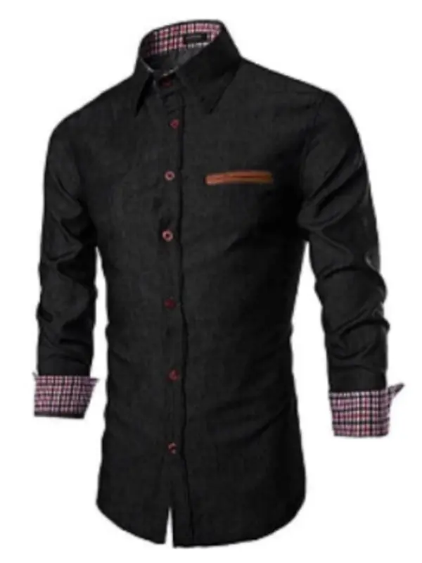 MENLL Denim Patchwork Shirt Men's Casual Long Sleeve Stylish Top by MENLL