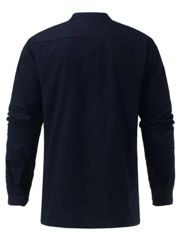 Retro-Inspired Men's Casual Long Sleeve Lace-Up Shirt with Stand Collar - Effortless Style for Every Occasion - MENLL