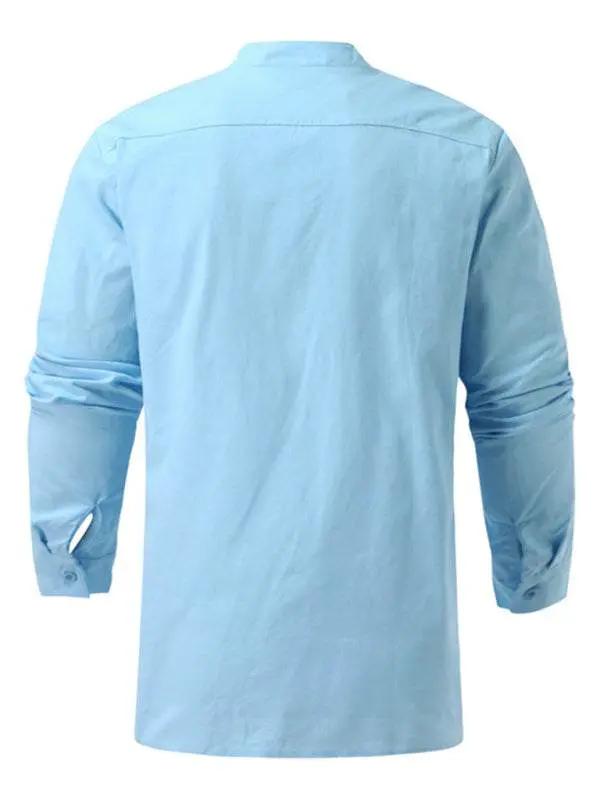 Retro-Inspired Men's Casual Long Sleeve Lace-Up Shirt with Stand Collar - Effortless Style for Every Occasion - MENLL