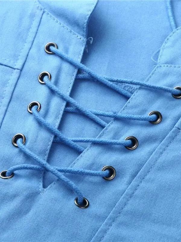 Retro-Inspired Men's Casual Long Sleeve Lace-Up Shirt with Stand Collar - Effortless Style for Every Occasion - MENLL