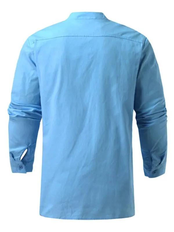 Retro-Inspired Men's Casual Long Sleeve Lace-Up Shirt with Stand Collar - Effortless Style for Every Occasion - MENLL