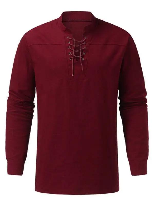 Retro-Inspired Men's Casual Long Sleeve Lace-Up Shirt with Stand Collar - Effortless Style for Every Occasion - MENLL