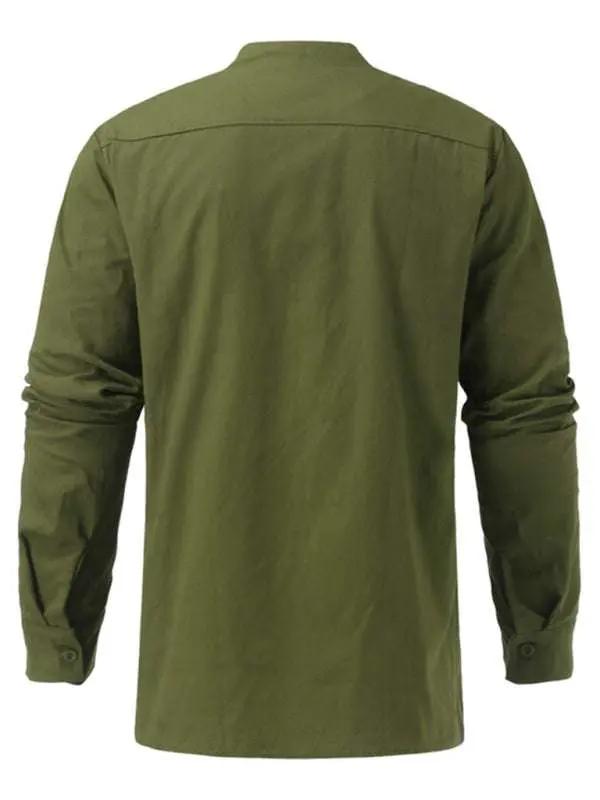 Retro-Inspired Men's Casual Long Sleeve Lace-Up Shirt with Stand Collar - Effortless Style for Every Occasion - MENLL