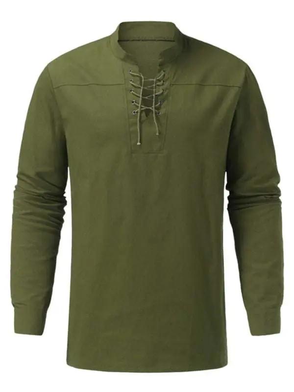 Retro-Inspired Men's Casual Long Sleeve Lace-Up Shirt with Stand Collar - Effortless Style for Every Occasion - MENLL
