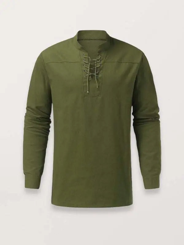 Retro-Inspired Men's Casual Long Sleeve Lace-Up Shirt with Stand Collar - Effortless Style for Every Occasion - MENLL