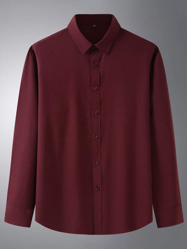 Men's solid color stretch long sleeve business casual thin shirt in burgundy.