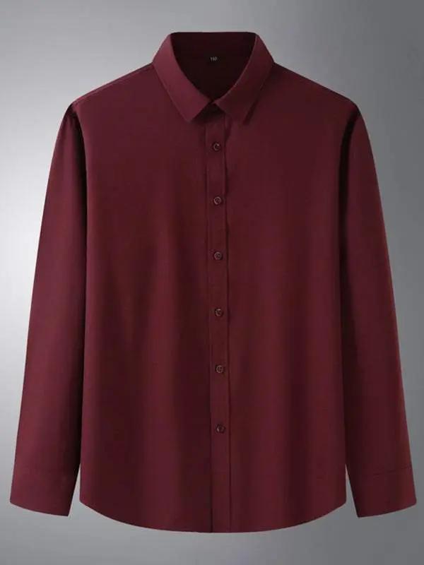 Men's solid color stretch long sleeve business casual thin shirt in burgundy.