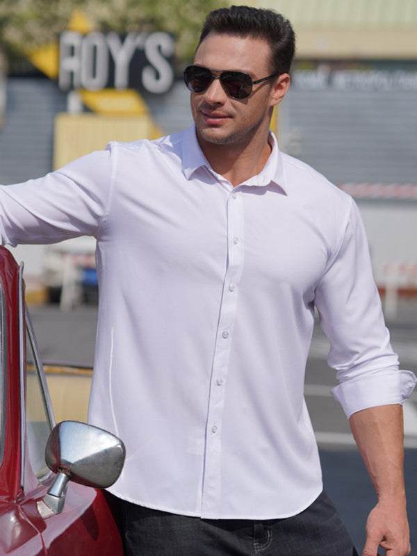 Sleek Men's Stretchable Solid Long Sleeve Shirt for Effortless Business Casual Style