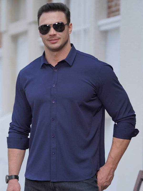 Sleek Men's Stretchable Solid Long Sleeve Shirt for Effortless Business Casual Style
