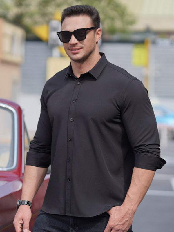 Sleek Men's Stretchable Solid Long Sleeve Shirt for Effortless Business Casual Style