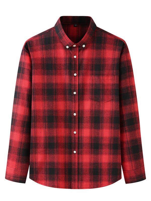 Plus size men's brushed plaid long sleeve shirt in red and black, casual and stylish for all seasons.
