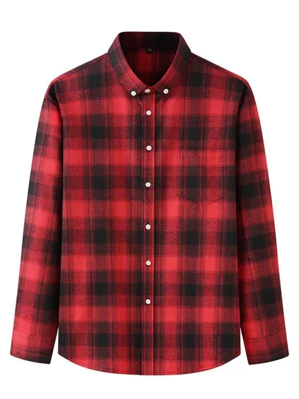 Plus size men's brushed plaid long sleeve shirt in red and black, casual and stylish for all seasons.