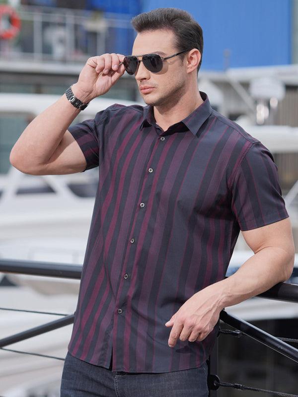 Stylish Plus Size Striped Short Sleeve Shirt for Men - Perfect for Spring-Summer Elegance - MENLL