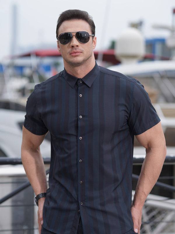 Stylish Plus Size Striped Short Sleeve Shirt for Men - Perfect for Spring-Summer Elegance - MENLL