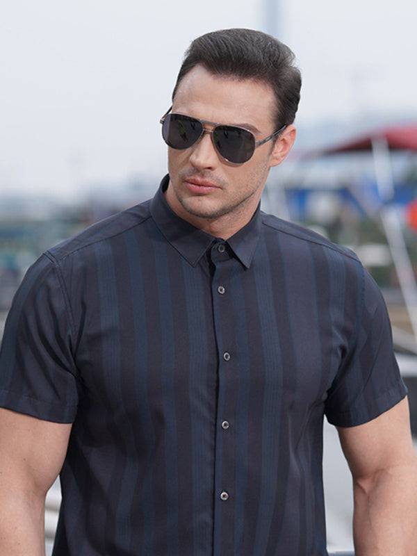 Stylish Plus Size Striped Short Sleeve Shirt for Men - Perfect for Spring-Summer Elegance - MENLL