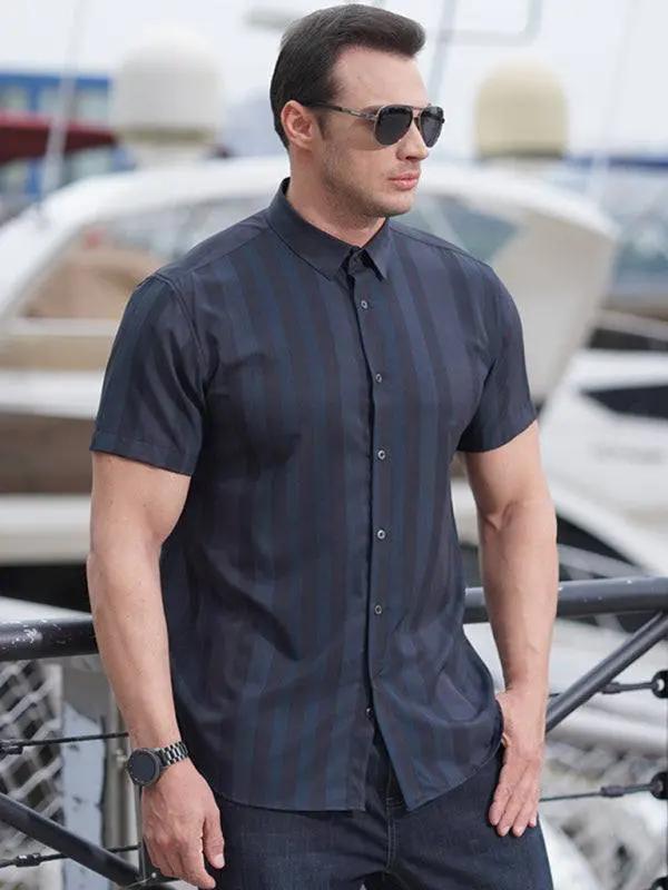 Stylish Plus Size Striped Short Sleeve Shirt for Men - Perfect for Spring-Summer Elegance - MENLL