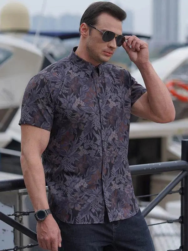 Vibrant Plus Size Men's Stretch Floral Short Sleeve Shirt for Effortless Summer Style - MENLL