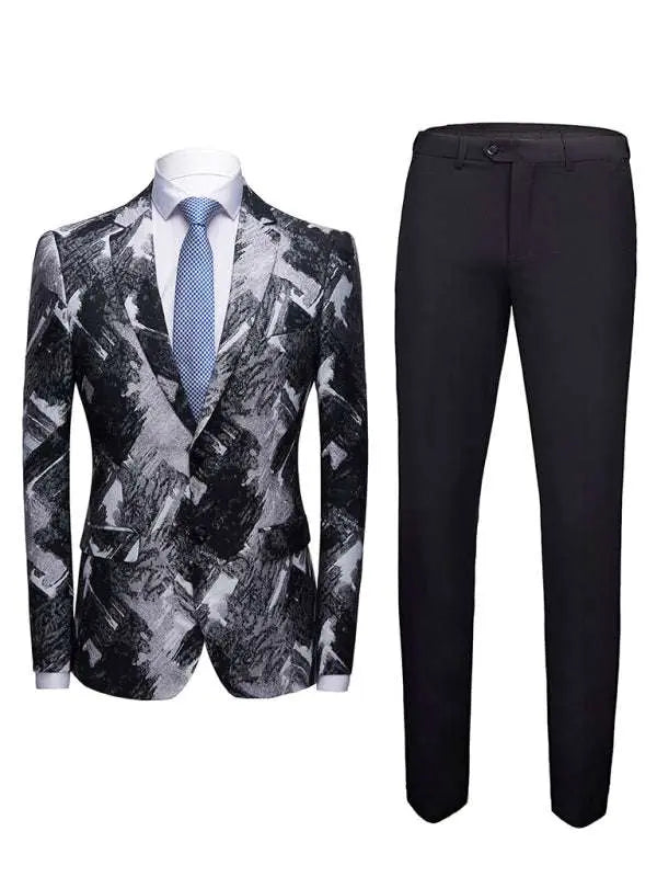 Abstract Print Lapel Collar Blazer Suit Set - MENLL