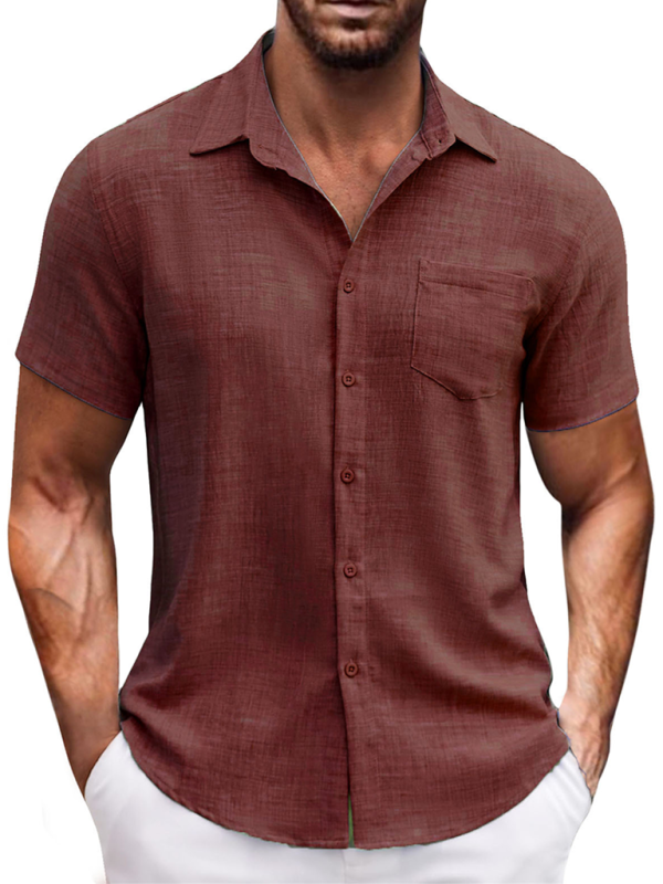 Solid color short sleeve shirt with lapel collar and pocket for men, perfect for casual spring-summer outings.