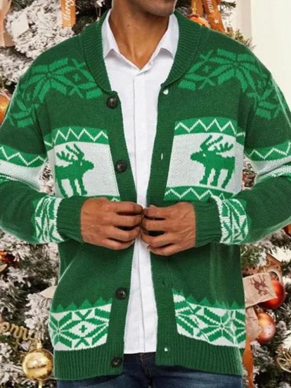Festive Men's Jacquard Knit Cardigan Sweater for a Cozy Christmas Season - MENLL