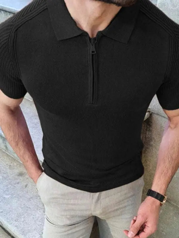 MENLL Sleek Slim Fit Knitted Men's Short Sleeve Polo Shirt Casual Summer Top by MENLL