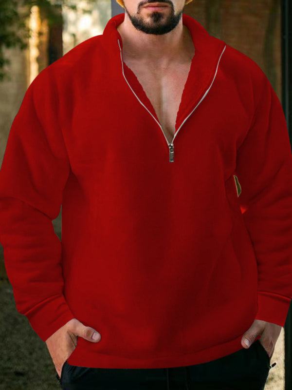 Men's red fleece half-zip hoodie with stand collar, ideal for autumn-winter casual wear.