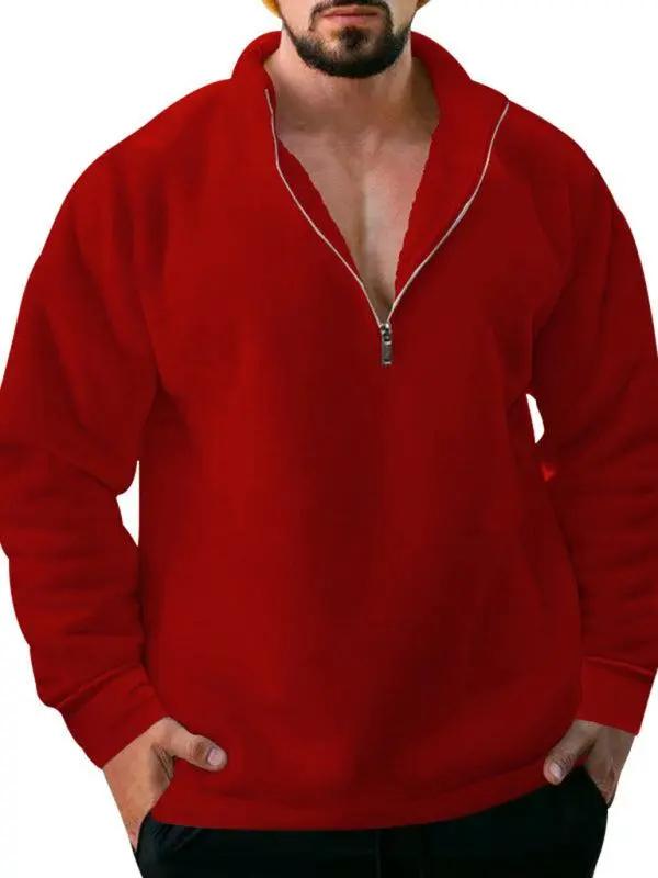 Cozy Men's Fleece Half-Zip Hoodie with Stand Collar - Casual Solid Color Comfort for Autumn-Winter - MENLL