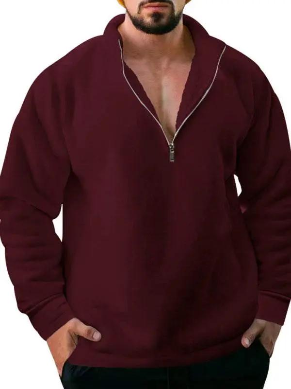 Cozy Men's Fleece Half-Zip Hoodie with Stand Collar - Casual Solid Color Comfort for Autumn-Winter - MENLL