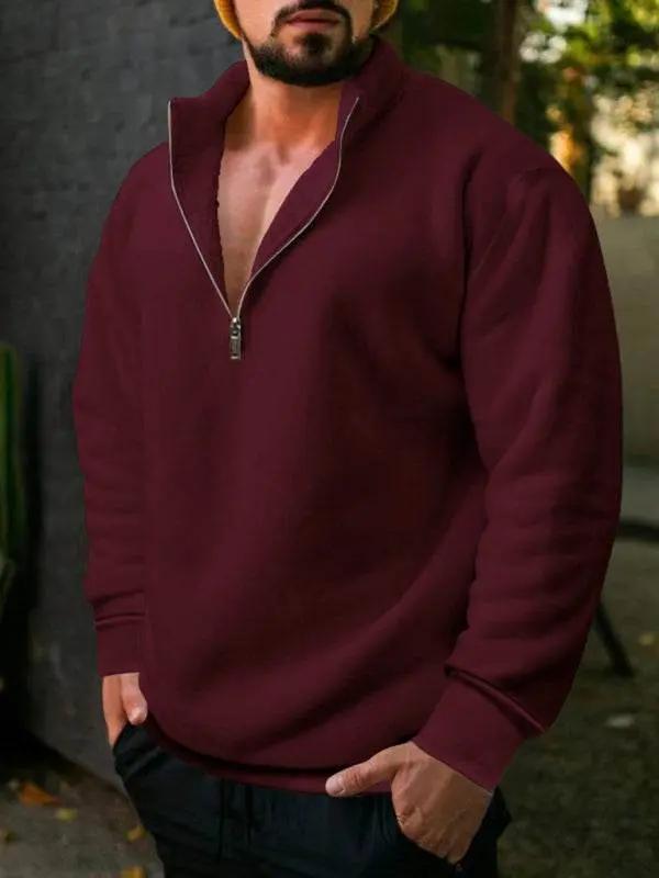 Cozy Men's Fleece Half-Zip Hoodie with Stand Collar - Casual Solid Color Comfort for Autumn-Winter - MENLL