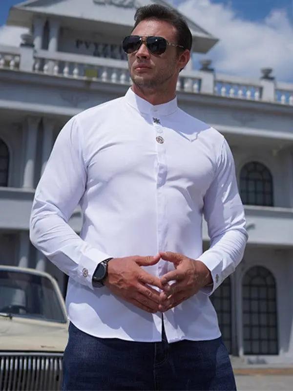 Stylish Plus Size Men's Embroidered Long-Sleeve Casual Shirt - Comfortable Stretch Fabric for All Seasons - MENLL
