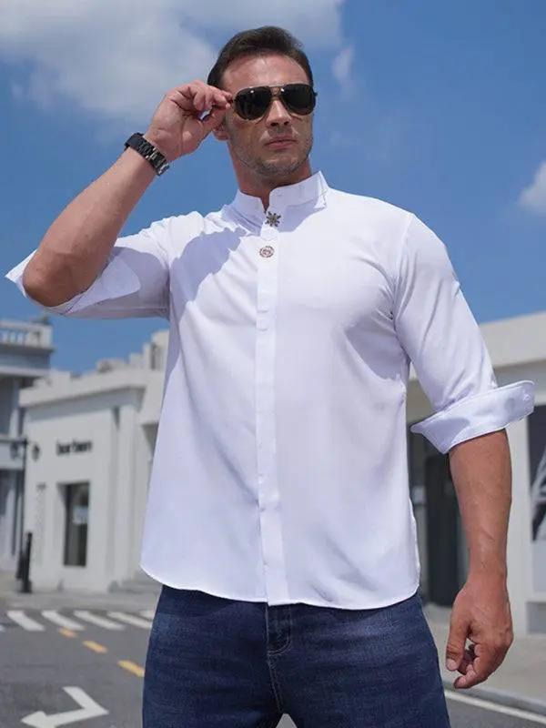 Stylish Plus Size Men's Embroidered Long-Sleeve Casual Shirt - Comfortable Stretch Fabric for All Seasons - MENLL